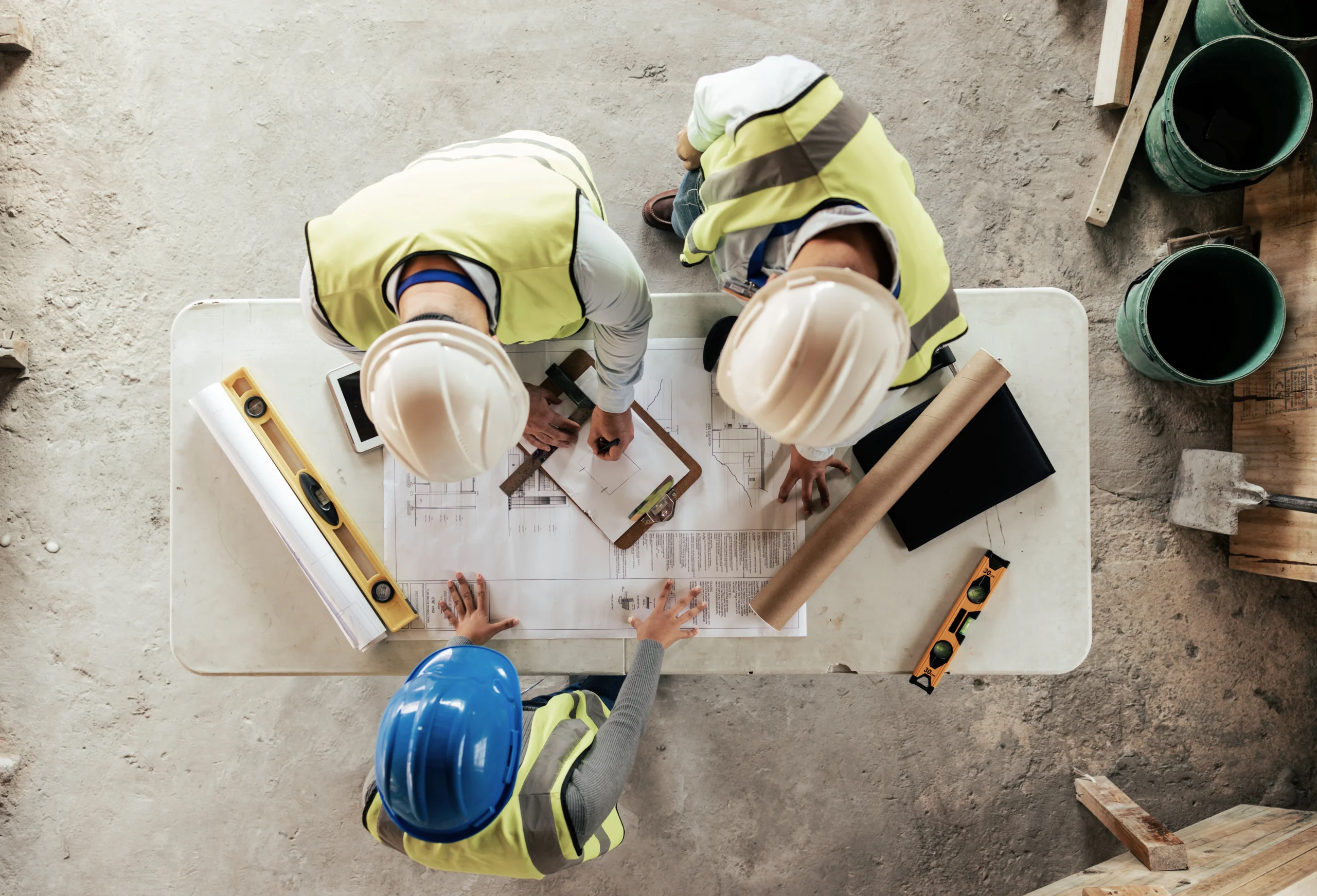 Architects and engineers reviewing blueprints